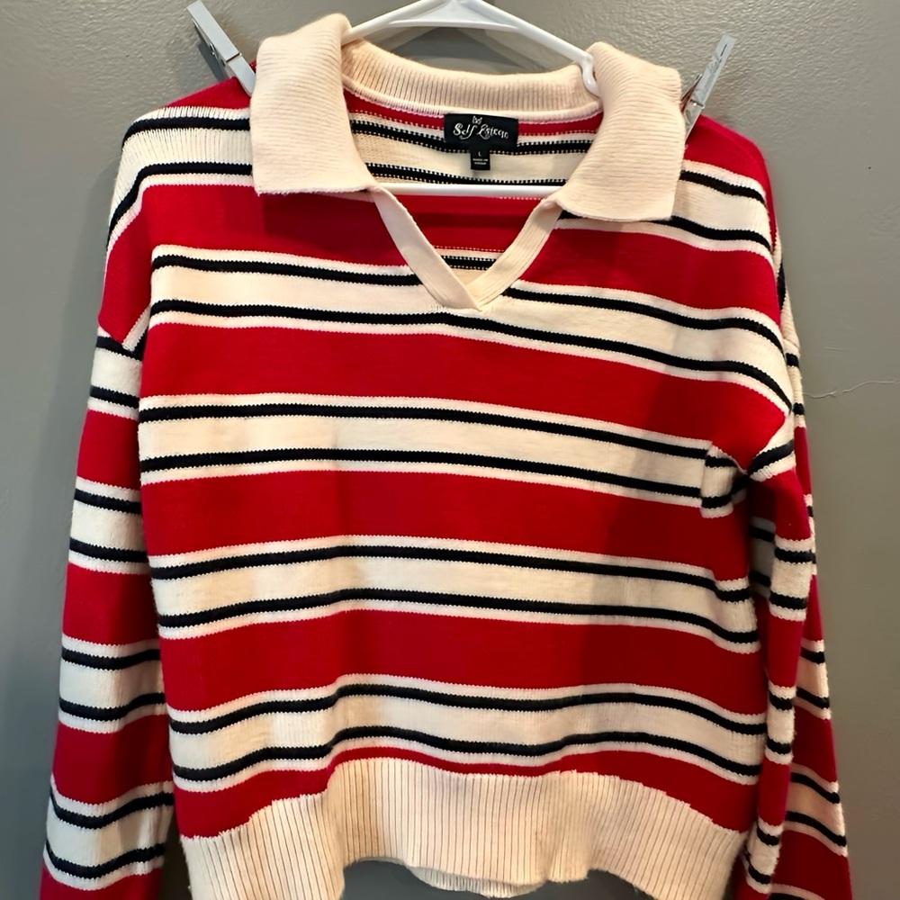 Soft Surroundings Red and Black Striped V-Neck Sweater